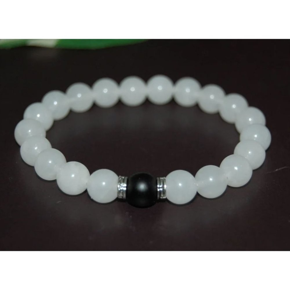 10mm White Jade & Matte Black Onyx Accent Stretch Bracelet